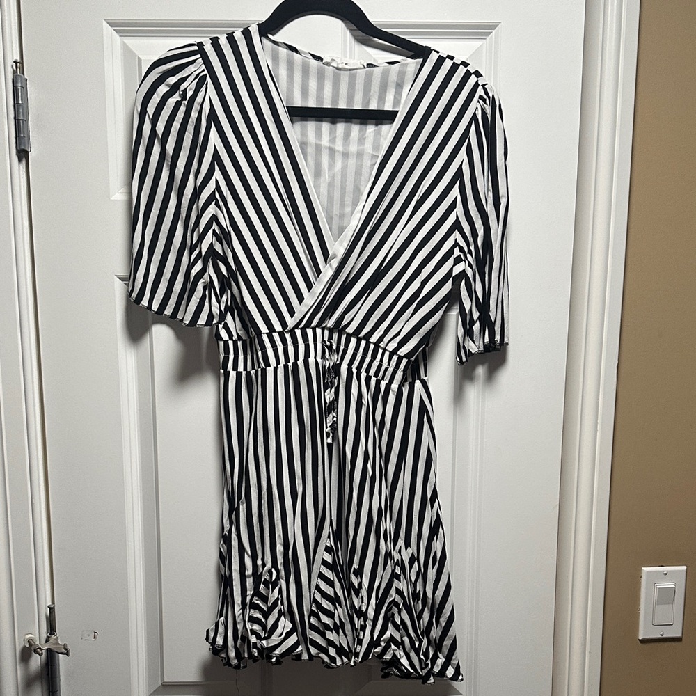 Goodnight Macaroon Black and White Striped Wrap Mini Dress